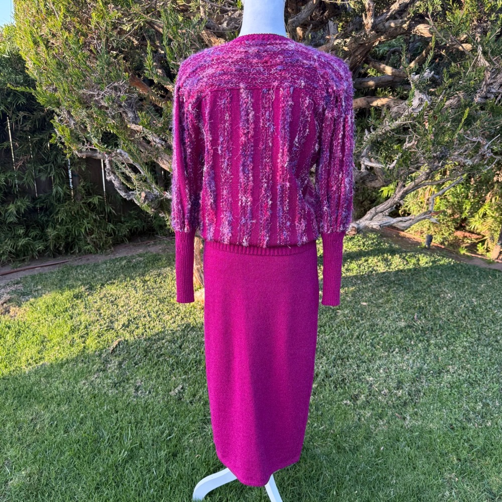 Jessica Knits Two‎ Piece Skirt Set Magenta Metallic Sparkle Knit Midi Medium VTG - Picture 15 of 16